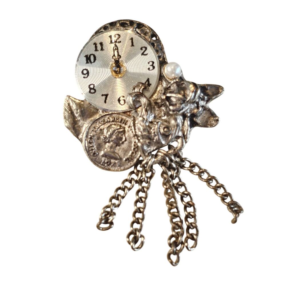 Faux Clock Face Brooch Chains Queen Coin Star Faux Pearl Silver Tone 2.3" VTG